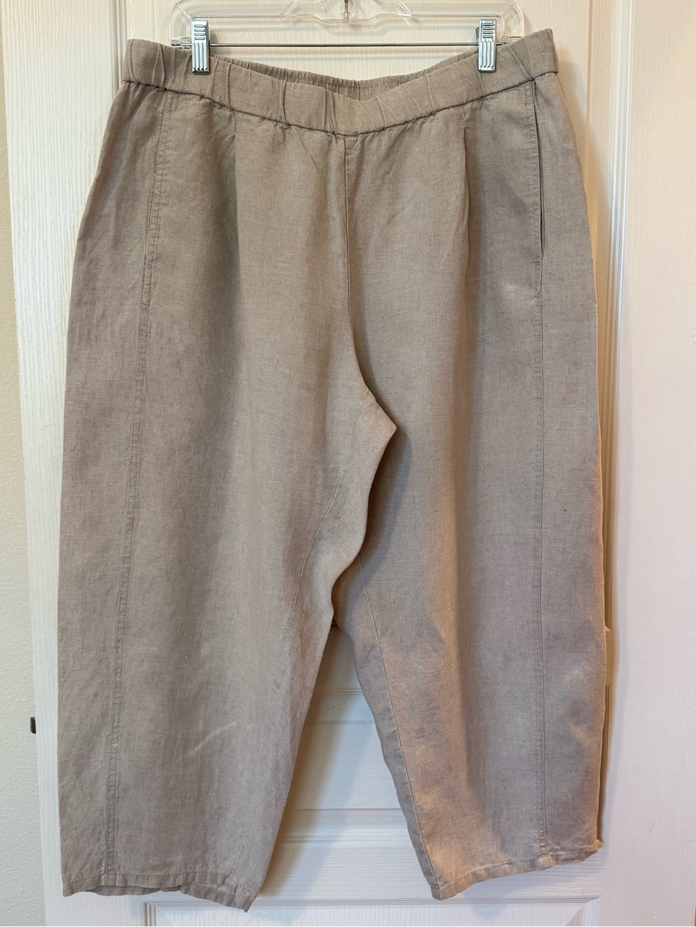 Eileen Fisher Taupe Elastic-Waist Linen Chinos